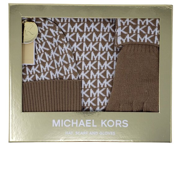Michael Kors Women's 3 Piece Set Scarf Hat and Gloves Set Camel/Derby Grey - Picture 3 of 6
